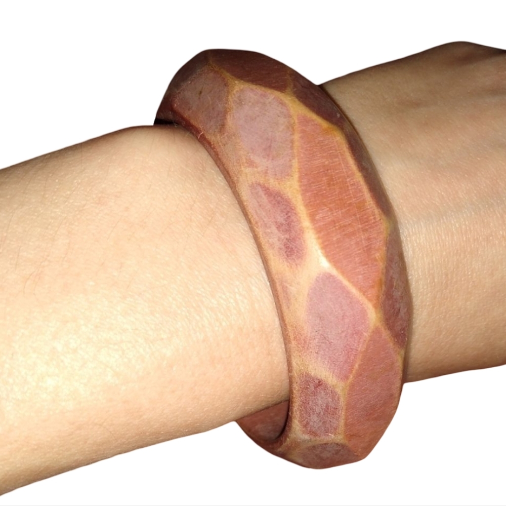 Faceted Mauve Carved Wood Bangle Big Chunky Boho Bracelet Pink Vintage Statement